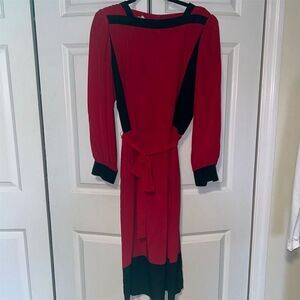 Women's Size 14 Multicolor Silk Knee Length Dress High Neck Lantern Sleeve